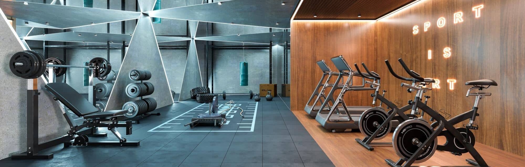 Gym interior with exercise equipment